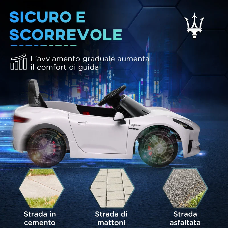 AIYAPLAY Macchina per Bambini 12V Maserati Gran Turismo Folgore con Telecomando, Età 3-5 Anni, Bianco - Image 8