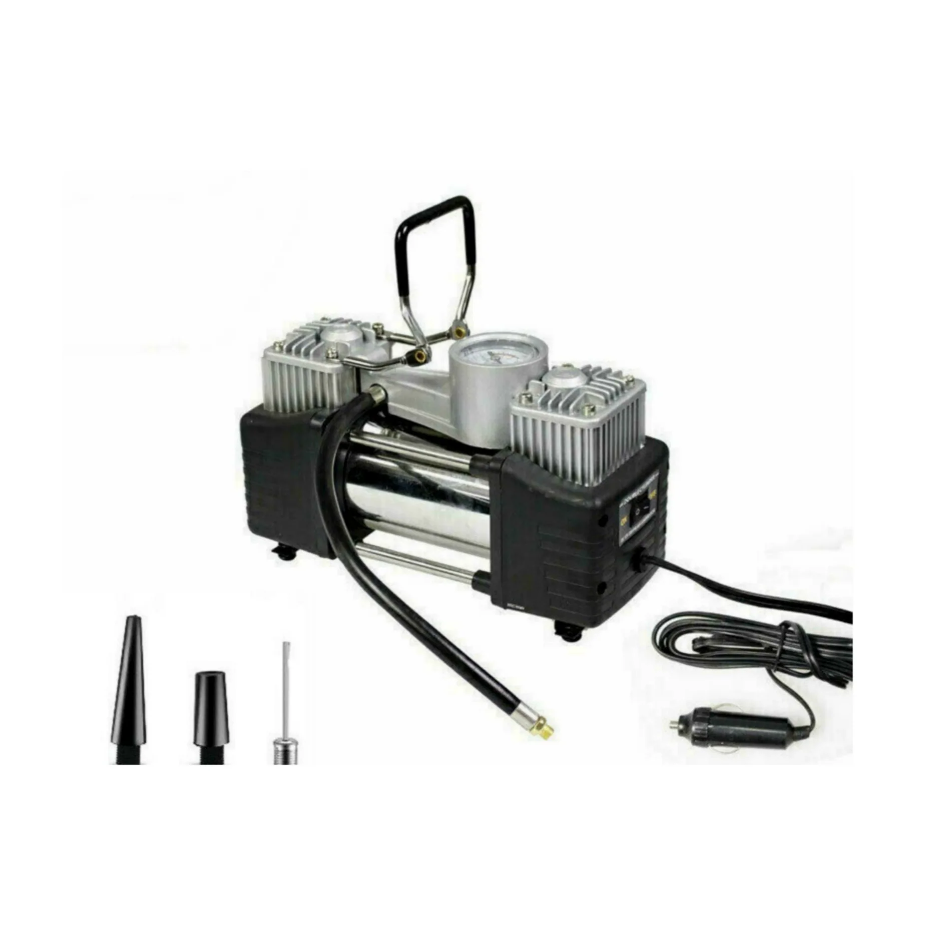 Compressore ad Aria Portatile, Auto, Bici, Moto, Manometro, Doppio Pistone con Manometro, 85L/min, Borsa