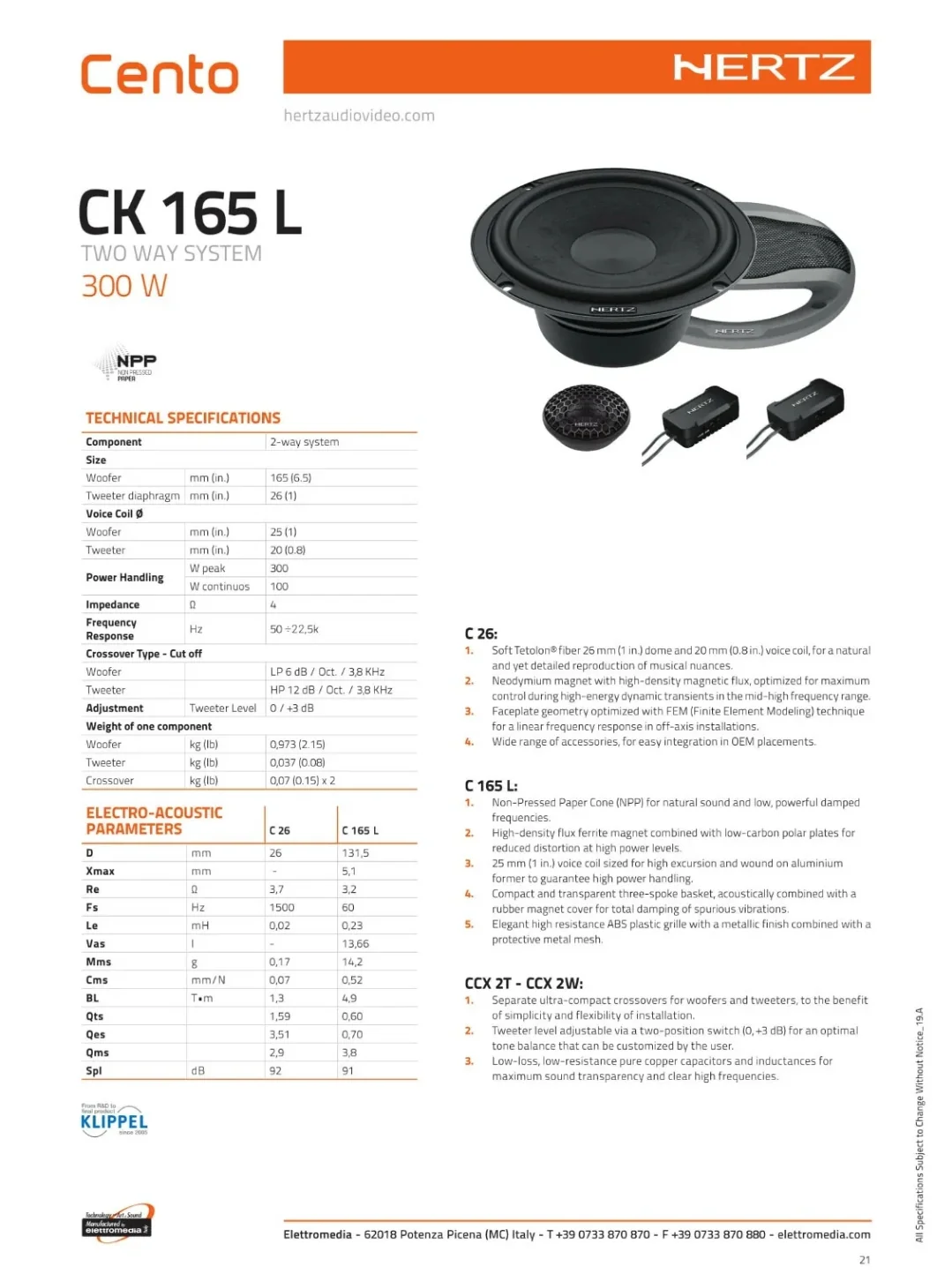 Hertz CK 165 L, Altoparlanti 2 Vie, 165mm, 300w - Image 2