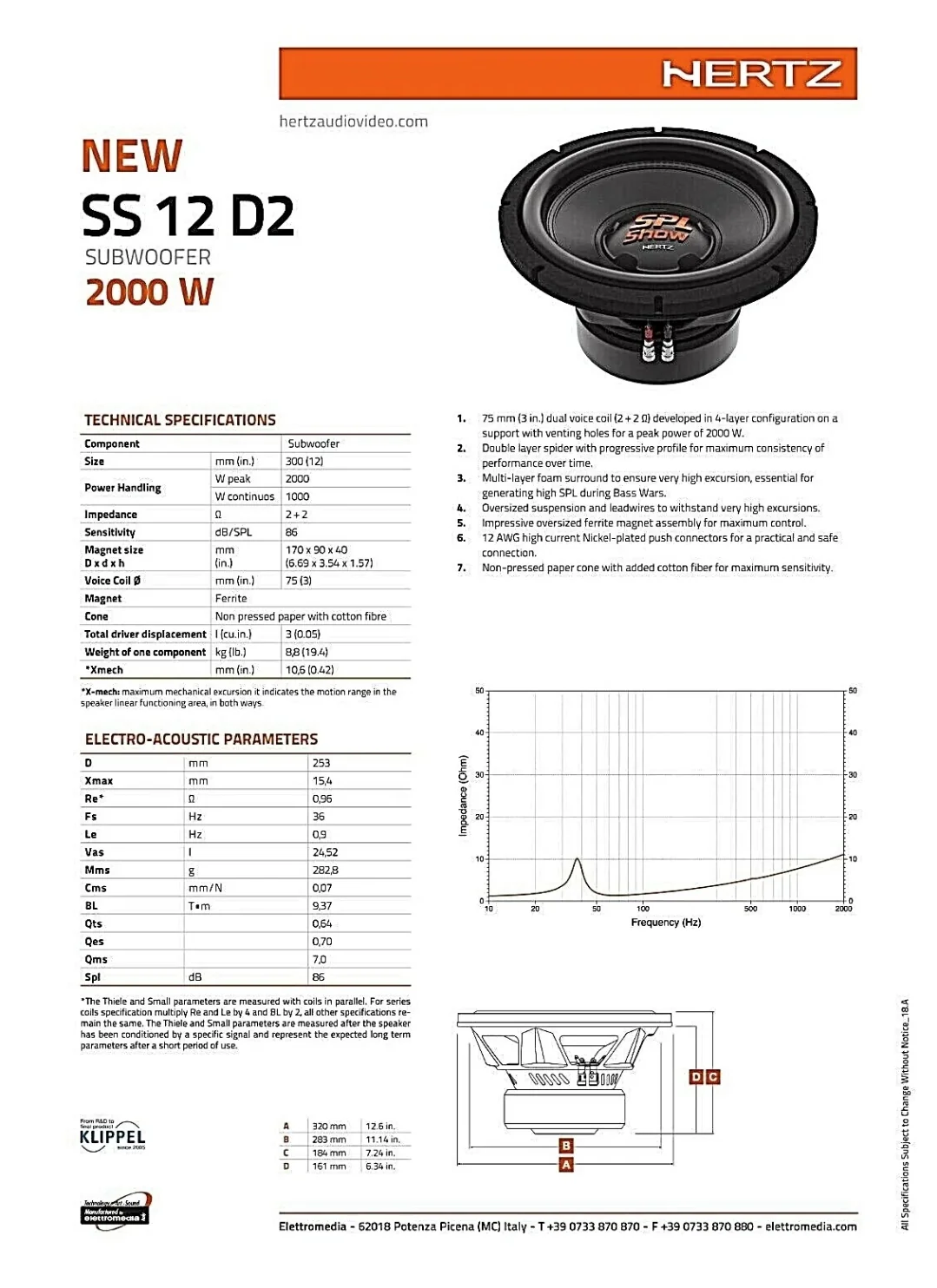 Hertz SS 12 D2, Subwoofer 300mm, 2000W - Image 2