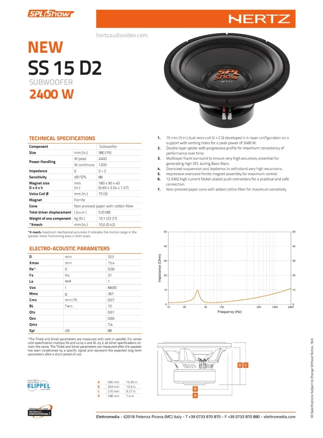 Hertz SS 15 D2, Subwoofer 380mm, 2400w - Image 2