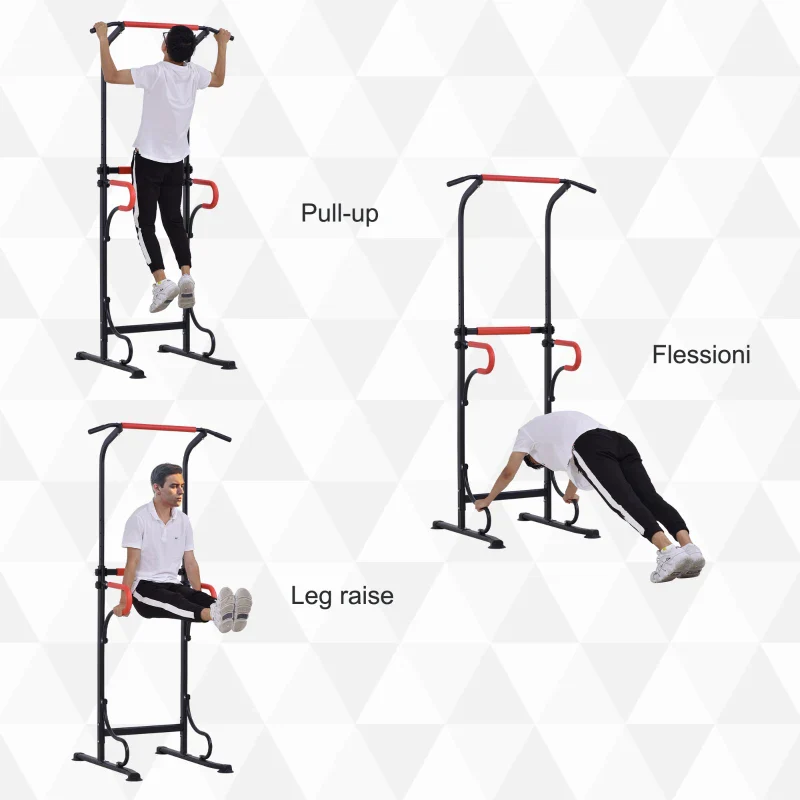 HOMCOM Barra per Trazioni Power Tower Stazione Fitness Multifunzione con Altezza Regolabile 171-219cm Nero Rosso - Image 3