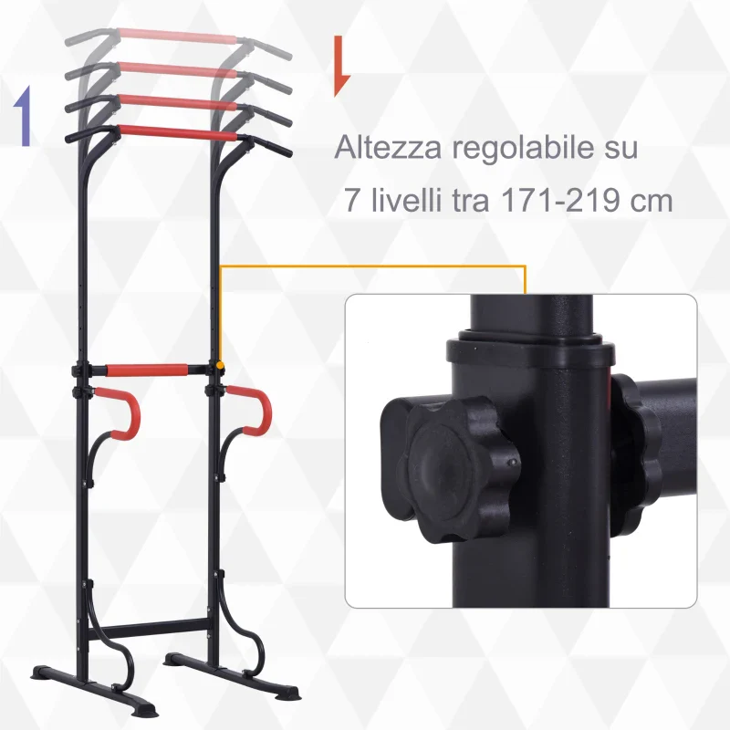 HOMCOM Barra per Trazioni Power Tower Stazione Fitness Multifunzione con Altezza Regolabile 171-219cm Nero Rosso - Image 4
