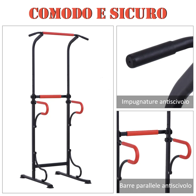 HOMCOM Barra per Trazioni Power Tower Stazione Fitness Multifunzione con Altezza Regolabile 171-219cm Nero Rosso - Image 5