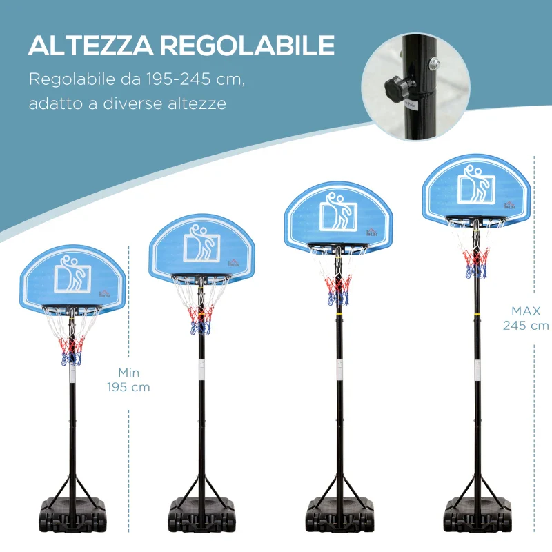 HOMCOM Canestro Basket con Altezza Regolabile 197.5-245cm, Base con Ruote e Tabellone, Blu - Image 3