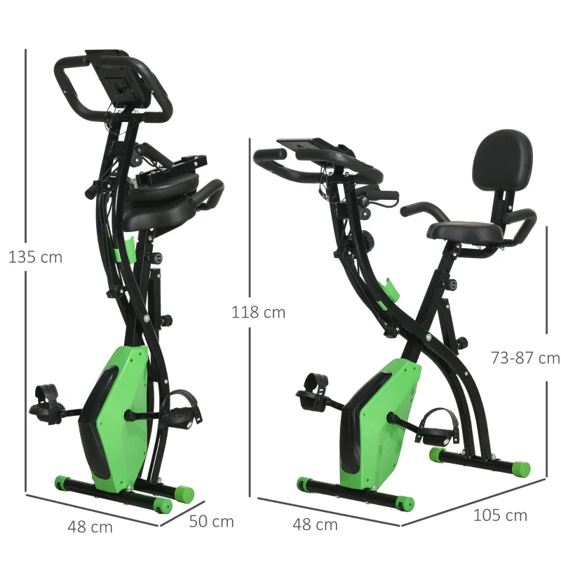 HOMCOM Cyclette Pieghevole 2 in 1, Resistenza Magnetica Regolabile 8 Livelli, Cyclette da Casa Silenziosa con Sensore di Frequenza Cardiaca, Elastici per Braccia, Schermo LCD, Volano 2.5kg, Verde - Image 2