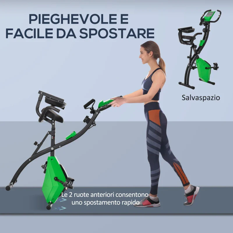 HOMCOM Cyclette Pieghevole 2 in 1, Resistenza Magnetica Regolabile 8 Livelli, Cyclette da Casa Silenziosa con Sensore di Frequenza Cardiaca, Elastici per Braccia, Schermo LCD, Volano 2.5kg, Verde - Image 6