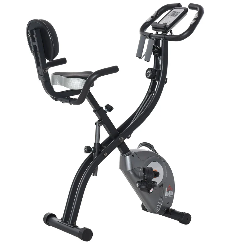 HOMCOM Cyclette Pieghevole con Schienale, Bande Elastiche e 8 Livelli di Resistenza Regolabile, Cyclette da Casa Silenziosa con Display LCD, Sensore di Frequenza Cardiaca, Porta Cellulare e Ruote