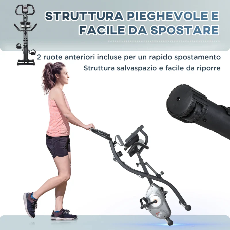 HOMCOM Cyclette Pieghevole con Schienale, Bande Elastiche e 8 Livelli di Resistenza Regolabile, Cyclette da Casa Silenziosa con Display LCD, Sensore di Frequenza Cardiaca, Porta Cellulare e Ruote - Image 6