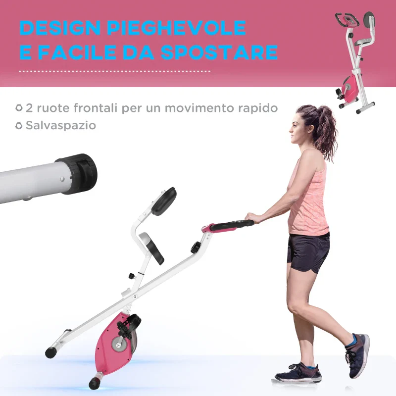 HOMCOM Cyclette Pieghevole da Fitness in Acciaio, Cyclette Magnetica Pieghevole da Casa con Altezza Regolabile, Resistenza Magnetica a 8 Livelli, Schermo LCD, 43x97x109cm, Rosa - Image 7