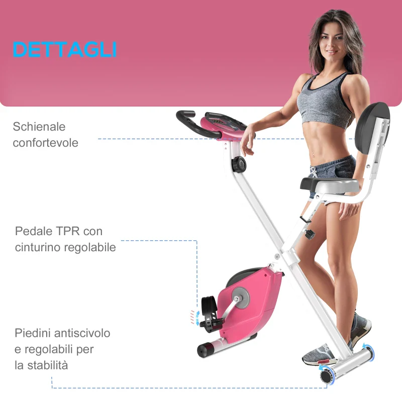 HOMCOM Cyclette Pieghevole da Fitness in Acciaio, Cyclette Magnetica Pieghevole da Casa con Altezza Regolabile, Resistenza Magnetica a 8 Livelli, Schermo LCD, 43x97x109cm, Rosa - Image 8
