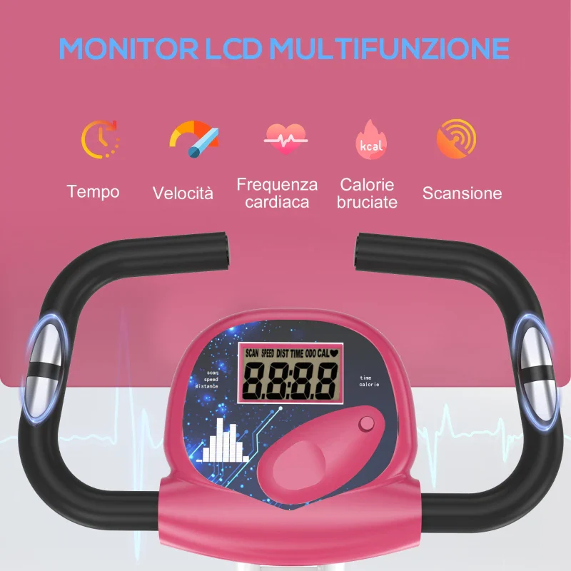 HOMCOM Cyclette Pieghevole da Fitness in Acciaio, Cyclette Magnetica Pieghevole da Casa con Altezza Regolabile, Resistenza Magnetica a 8 Livelli, Schermo LCD, 43x97x109cm, Rosa - Image 4
