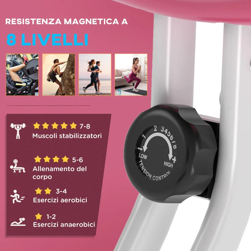 HOMCOM Cyclette Pieghevole da Fitness in Acciaio, Cyclette Magnetica Pieghevole da Casa con Altezza Regolabile, Resistenza Magnetica a 8 Livelli, Schermo LCD, 43x97x109cm, Rosa - Image 5