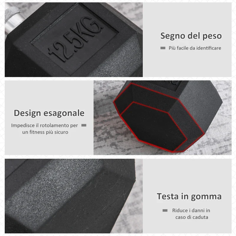 HOMCOM Manubrio da 12.5 kg Esagonale Singolo con Impugnatura Zigrinata Antiscivolo, Nero - Image 4