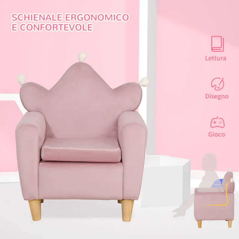 HOMCOM Poltrona per Bambini in Tessuto Effetto Velluto Rosa con Schienale a Corona, 50.2x41.9x57.8 cm - Image 9