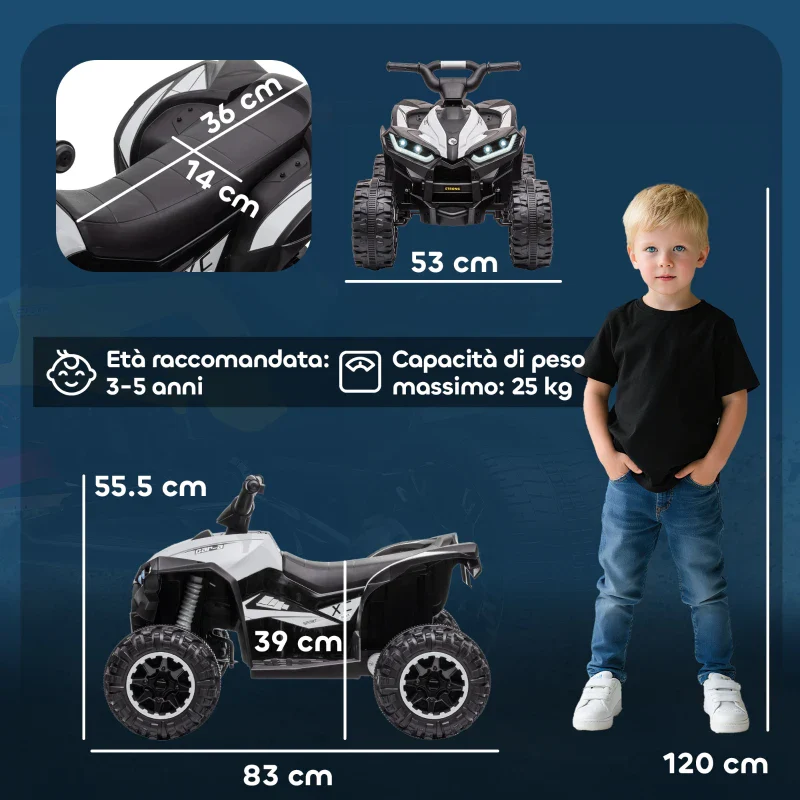HOMCOM Quad per Bambini 3-5 Anni Elettrico 12V, 2 Velocità, Ruote Larghe con Clacson e Fari LED, Bianco - Image 3