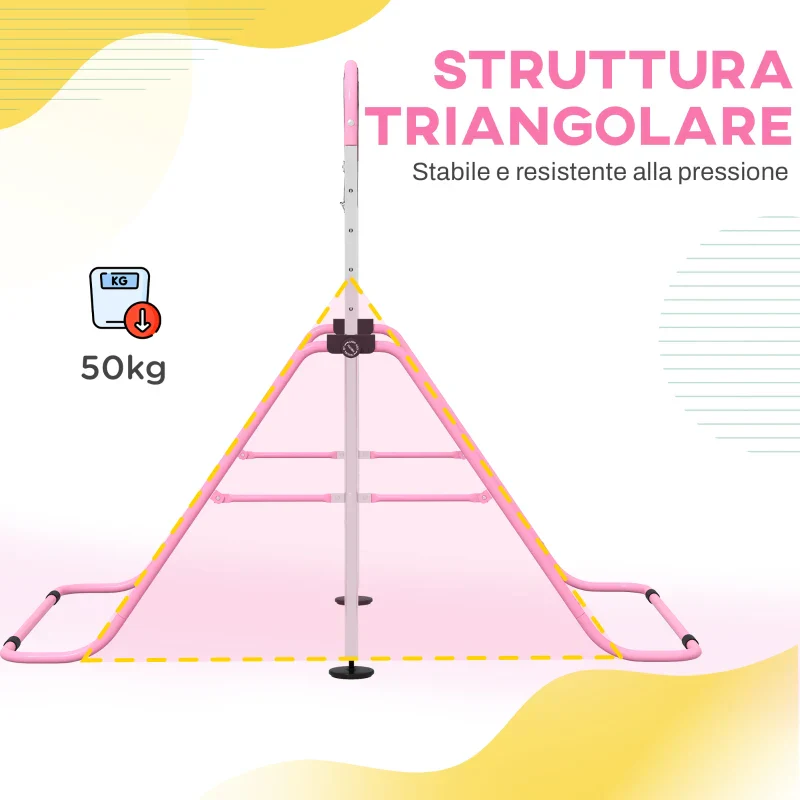 HOMCOM Sbarra Ginnastica Artistica per Bambini ad Altezza Regolabile con 2 Anelli, in Acciaio, 148x105x88-128 cm, Rosa - Image 6