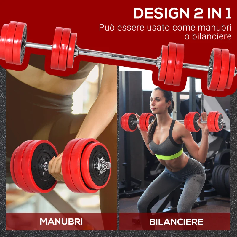 HOMCOM Set 2 in 1 Bilanciere e Manubri Pesi da 30kg, Dischi con Rivestimento in Plastica Antigraffio, Rosso e Nero - Image 4