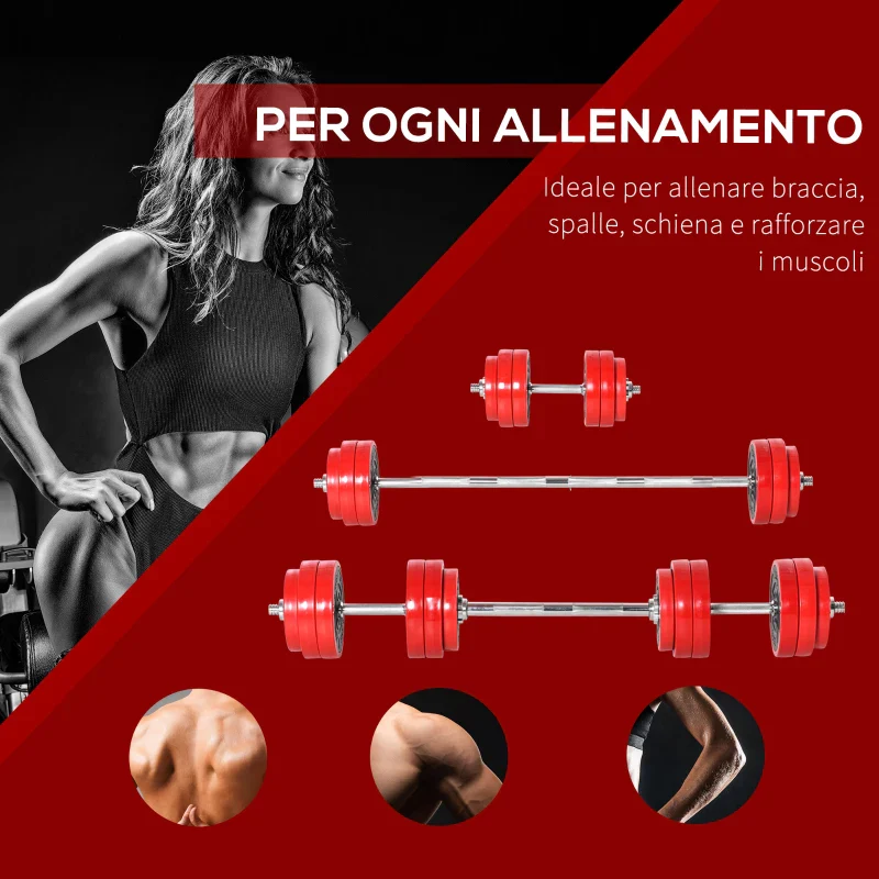 HOMCOM Set 2 in 1 Bilanciere e Manubri Pesi da 30kg, Dischi con Rivestimento in Plastica Antigraffio, Rosso e Nero - Image 5
