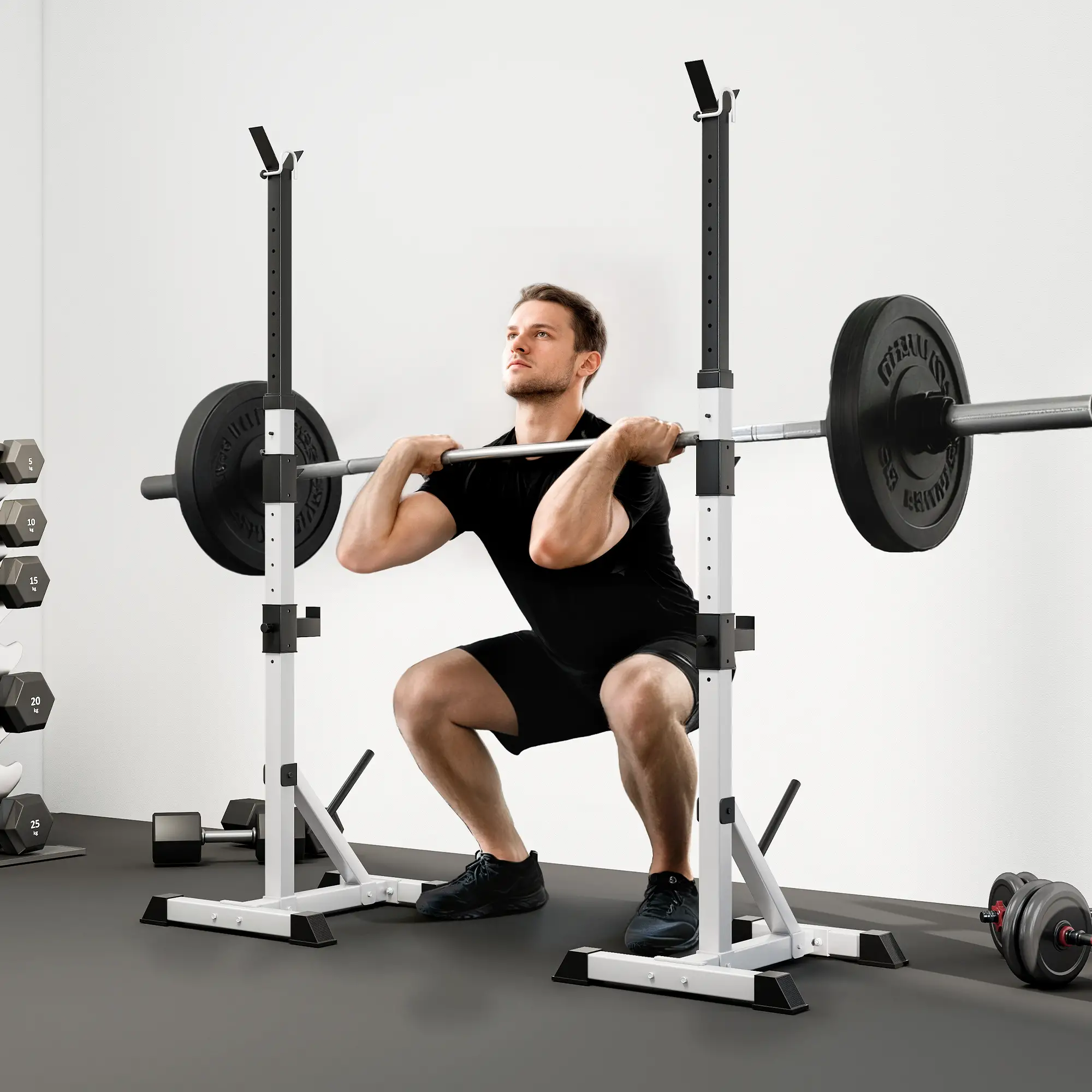 HOMCOM Set 2 Supporti Bilanciere in Acciaio con 3 Ganci, Altezza Regolabile e Portata 200kg, Argento e Nero - Image 2
