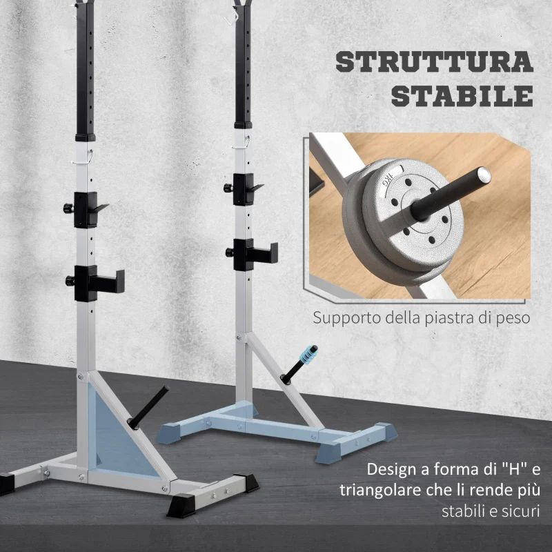 HOMCOM Set 2 Supporti Bilanciere in Acciaio con 3 Ganci, Altezza Regolabile e Portata 200kg, Argento e Nero - Image 4