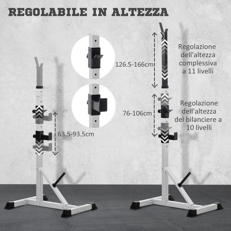 HOMCOM Set 2 Supporti Bilanciere in Acciaio con 3 Ganci, Altezza Regolabile e Portata 200kg, Argento e Nero - Image 5