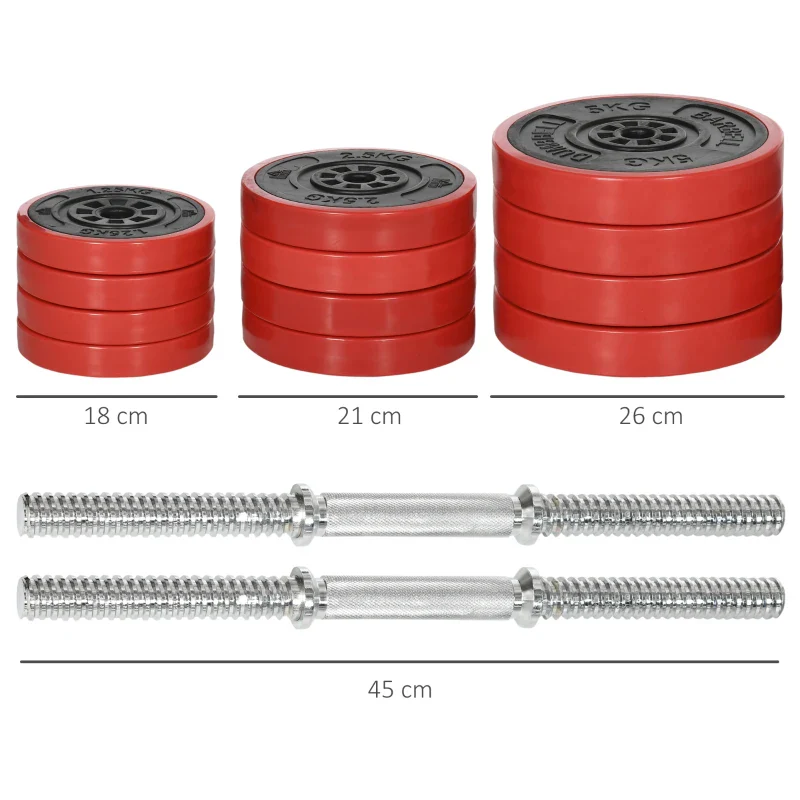 HOMCOM Set Manubri Palestra con Pesi da 40kg rivestiti in Gomma, in Metallo e Sabbia di Ferro, 45x26x26 cm, Rossa - Image 3
