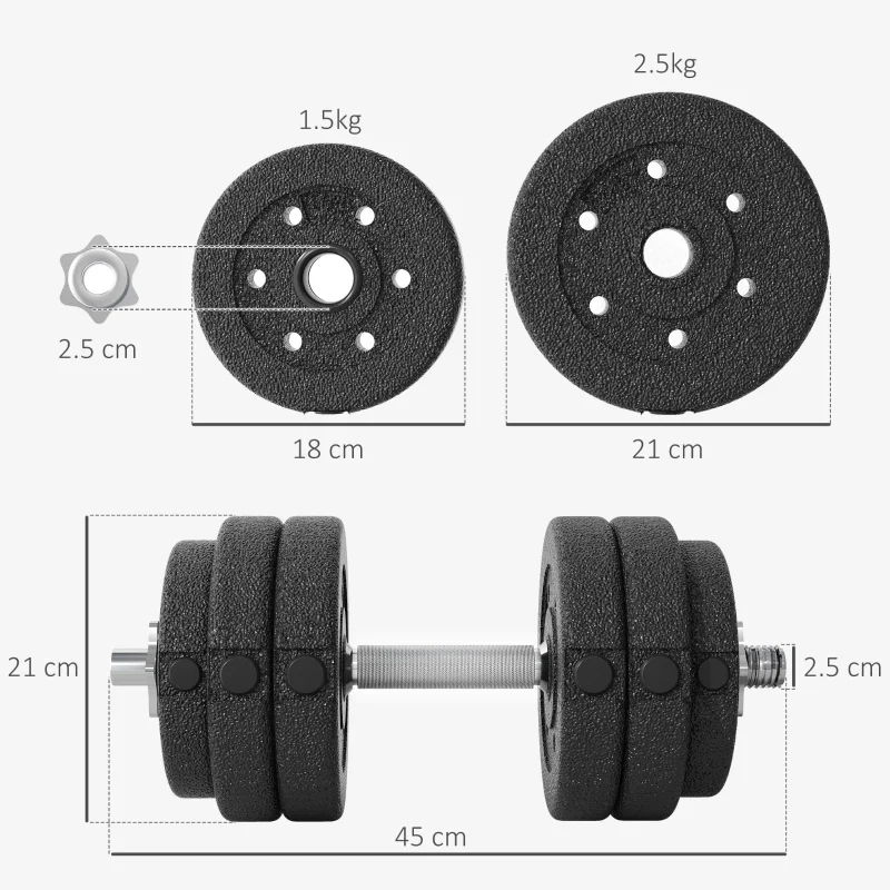 HOMCOM Set Pesi Manubri da 30 kg (8x2.5 kg, 4x1.5 kg) con 12 Dischi e 2 Manubri da 2 kg, 43x18x7.5 cm, Nero - Image 3