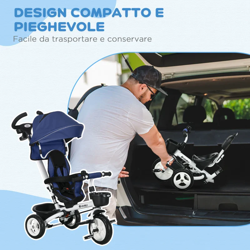HOMCOM Triciclo Passeggino per Bambini con Maniglione, Parasole Regolabile e Cintura di Sicurezza, Blu Scuro - Image 4