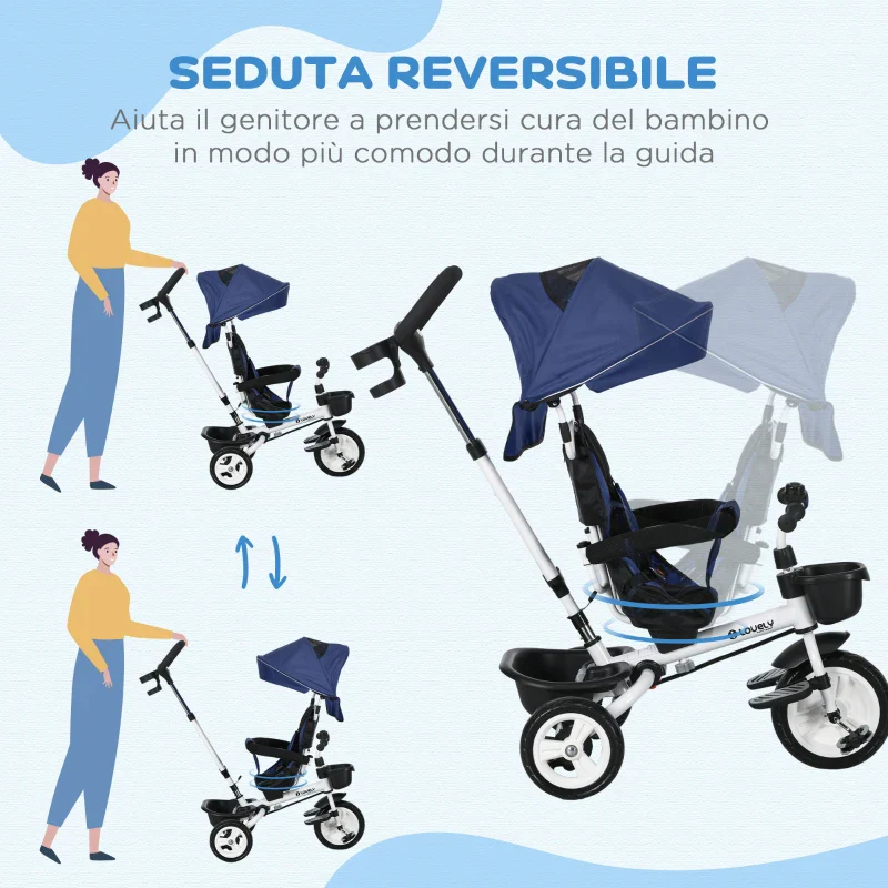 HOMCOM Triciclo Passeggino per Bambini con Maniglione, Parasole Regolabile e Cintura di Sicurezza, Blu Scuro - Image 5
