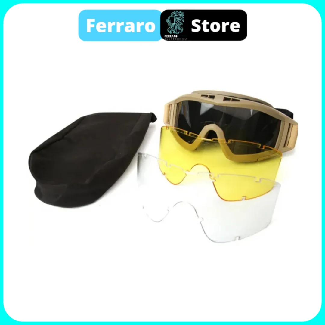 Occhiali Tattici, Softair, Set 3 Lenti, Antivento, Antipolvere, Protezione Sicura, Yellow