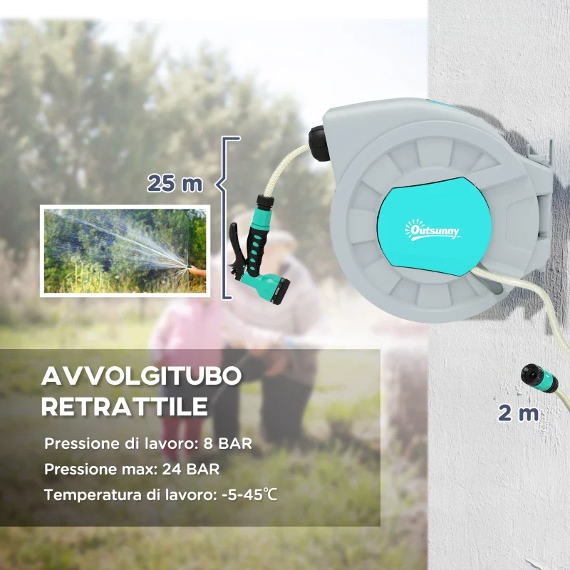 Outsunny Avvolgitubo Automatico a Parete e Portatile Lunghezza 25+2 m, Sistema di Blocco e 7 Getti, Grigio - Image 4