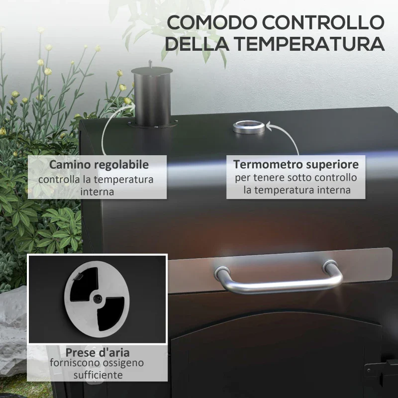 Outsunny Barbecue da Giardino a 2 Ruote con Griglia, Affumicatore e Fornello, in Metallo e Ghisa, 124x66x112 cm, Nero - Image 4
