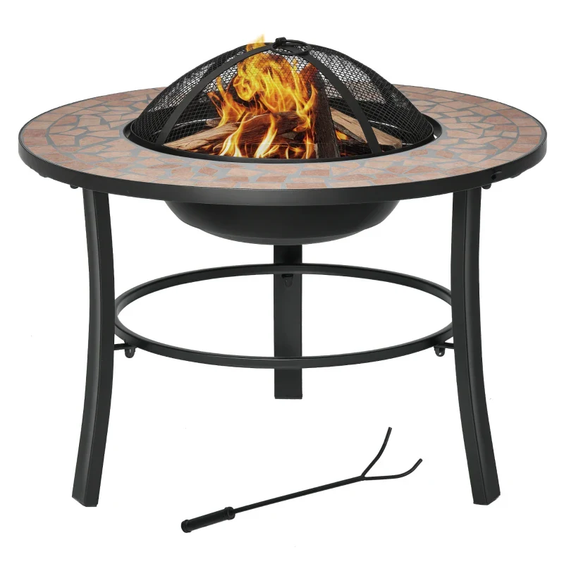 Outsunny Braciere da Giardino con Coperchio Parascintille, Attizzatoio e Piano in Ceramica, 68x68x45 cm, Nero
