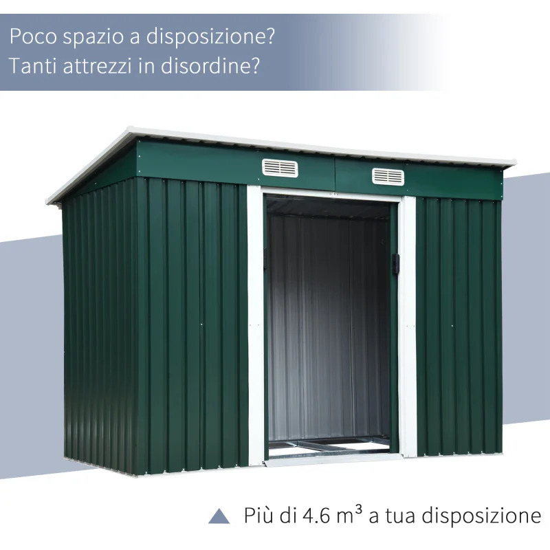 Outsunny Capanno da Giardino con 2 Porte Scorrevoli e Tetto Inclinato in Lamiera d'Acciaio, 261x133x182cm, Verde - Image 3