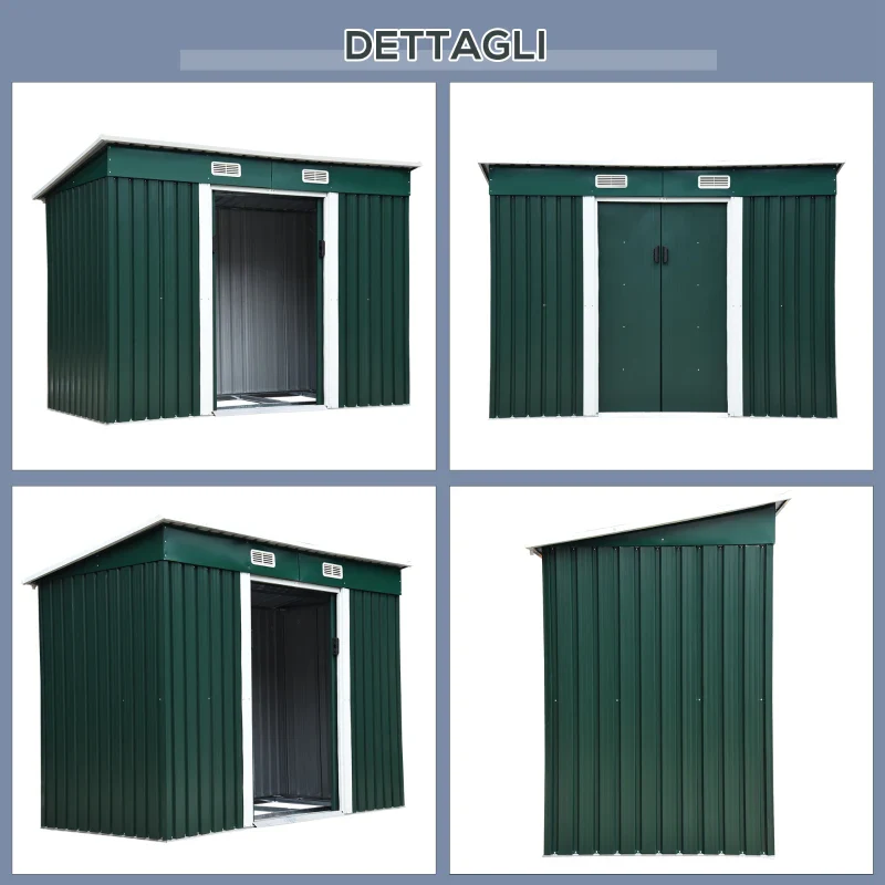 Outsunny Capanno da Giardino con 2 Porte Scorrevoli e Tetto Inclinato in Lamiera d'Acciaio, 261x133x182cm, Verde - Image 7