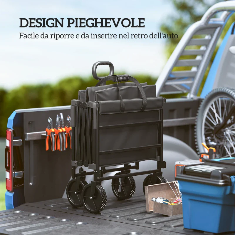 Outsunny Carrello da Giardino 160L Pieghevole con Manico Regolabile, Capacità 100 kg, 95x55x102 cm, Nero - Image 3