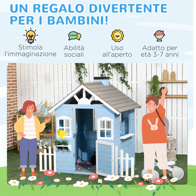 Outsunny Casa per Bimbi 3-7 Anni con Staccionata, Portavasi, Porta e Finestre, in Legno di Abete, 151x112.5x142 cm, Blu - Image 4