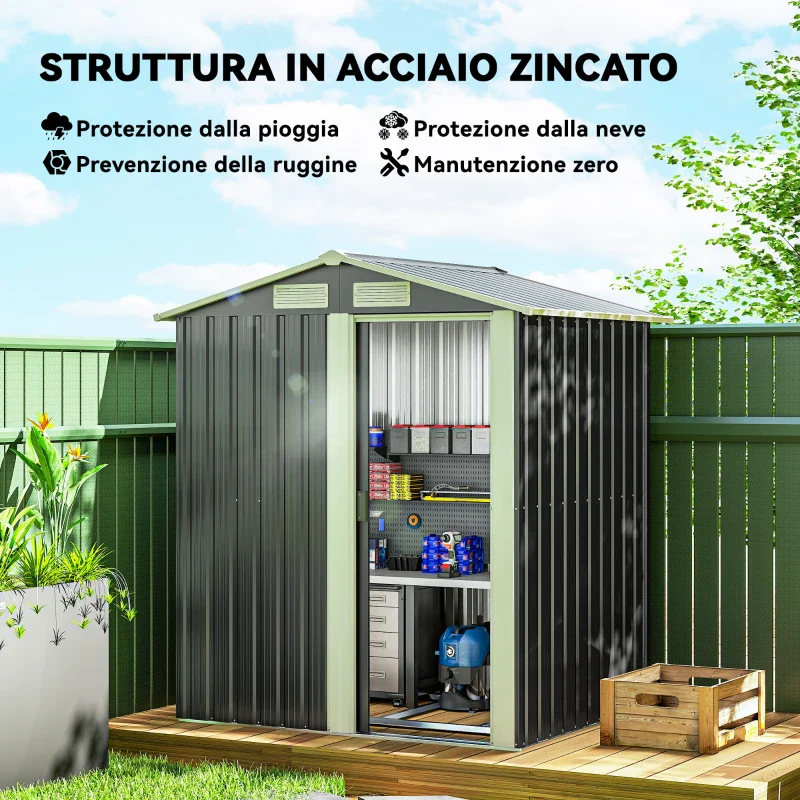 Outsunny Casetta da Giardino Porta Attrezzi in Acciaio, Tetto inclinato e 4 Prese d'Aria, 152x132x188cm - Image 3