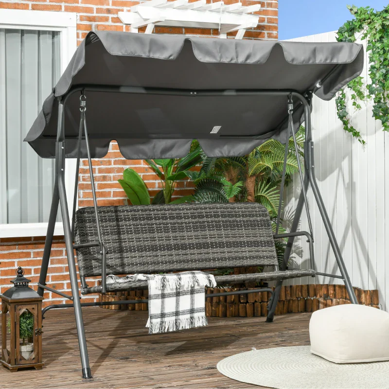 Outsunny Dondolo da Giardino 3 Posti con Tettuccio Regolabile in Rattan PE, 167x112x153cm, Grigio Scuro - Image 2