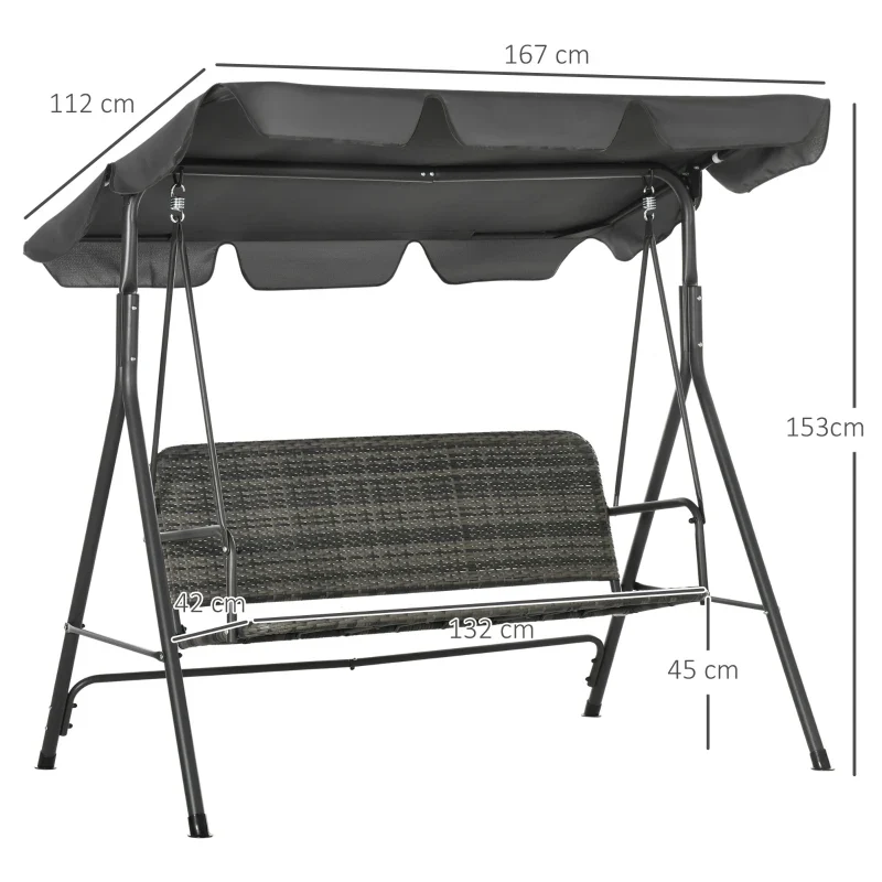 Outsunny Dondolo da Giardino 3 Posti con Tettuccio Regolabile in Rattan PE, 167x112x153cm, Grigio Scuro - Image 3