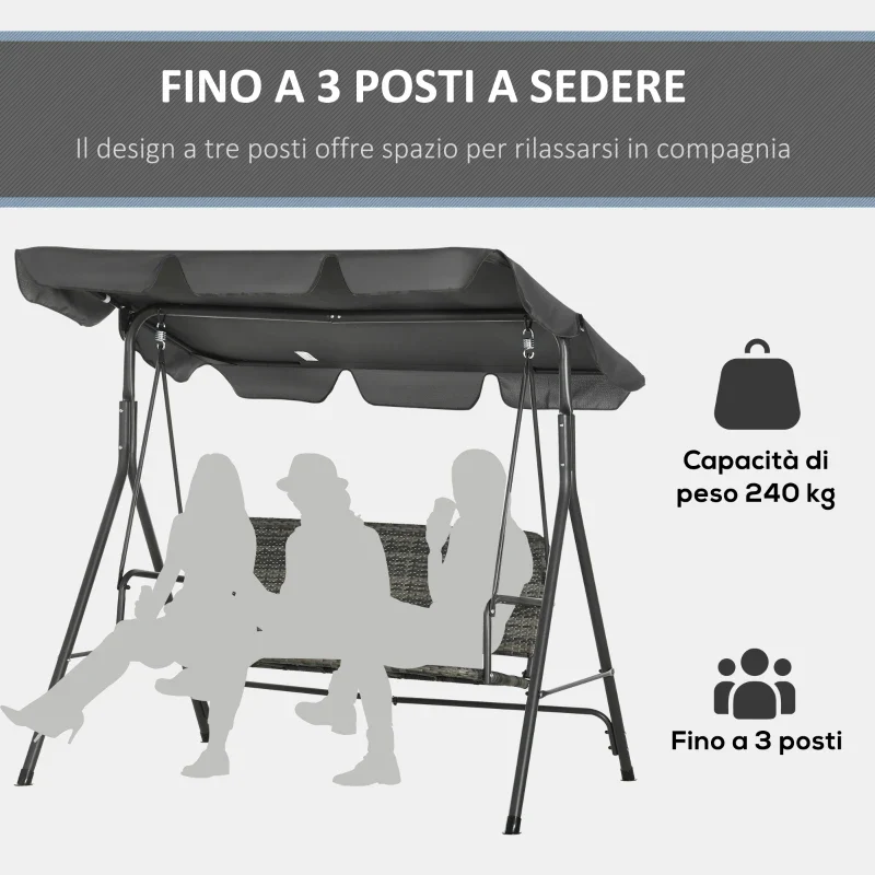 Outsunny Dondolo da Giardino 3 Posti con Tettuccio Regolabile in Rattan PE, 167x112x153cm, Grigio Scuro - Image 4