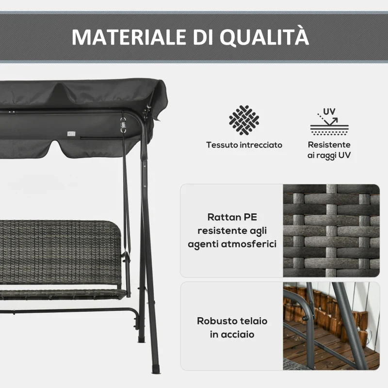Outsunny Dondolo da Giardino 3 Posti con Tettuccio Regolabile in Rattan PE, 167x112x153cm, Grigio Scuro - Image 5