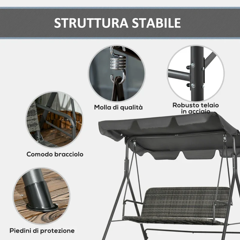 Outsunny Dondolo da Giardino 3 Posti con Tettuccio Regolabile in Rattan PE, 167x112x153cm, Grigio Scuro - Image 8