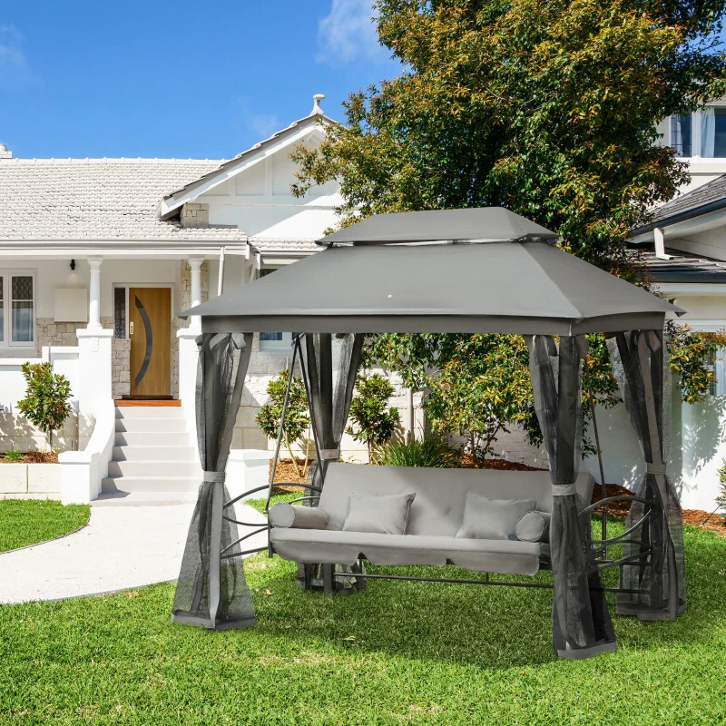 Outsunny Dondolo da Giardino 3 Posti Lettino e Gazebo Design 3 in 1 con Tettuccio, 256x172x248 cm, Grigio Scuro - Image 2