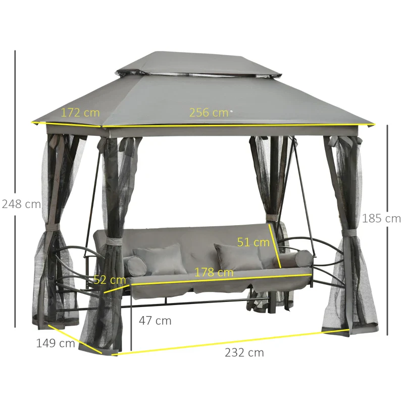 Outsunny Dondolo da Giardino 3 Posti Lettino e Gazebo Design 3 in 1 con Tettuccio, 256x172x248 cm, Grigio Scuro - Image 3