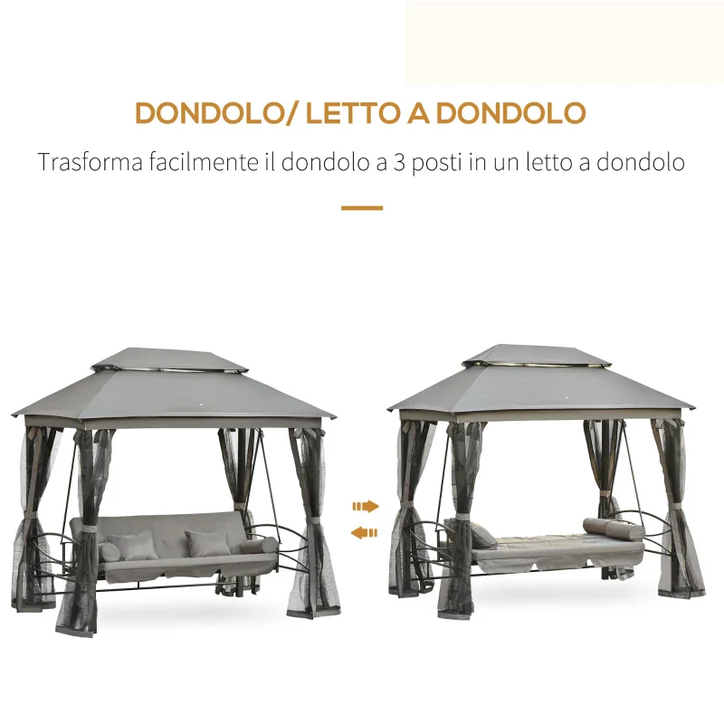 Outsunny Dondolo da Giardino 3 Posti Lettino e Gazebo Design 3 in 1 con Tettuccio, 256x172x248 cm, Grigio Scuro - Image 4