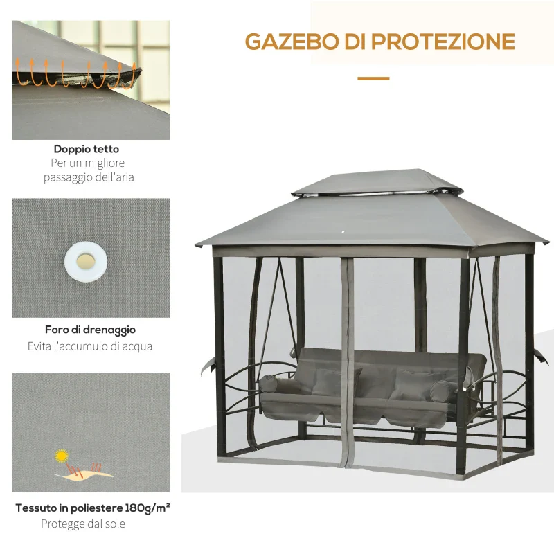 Outsunny Dondolo da Giardino 3 Posti Lettino e Gazebo Design 3 in 1 con Tettuccio, 256x172x248 cm, Grigio Scuro - Image 5