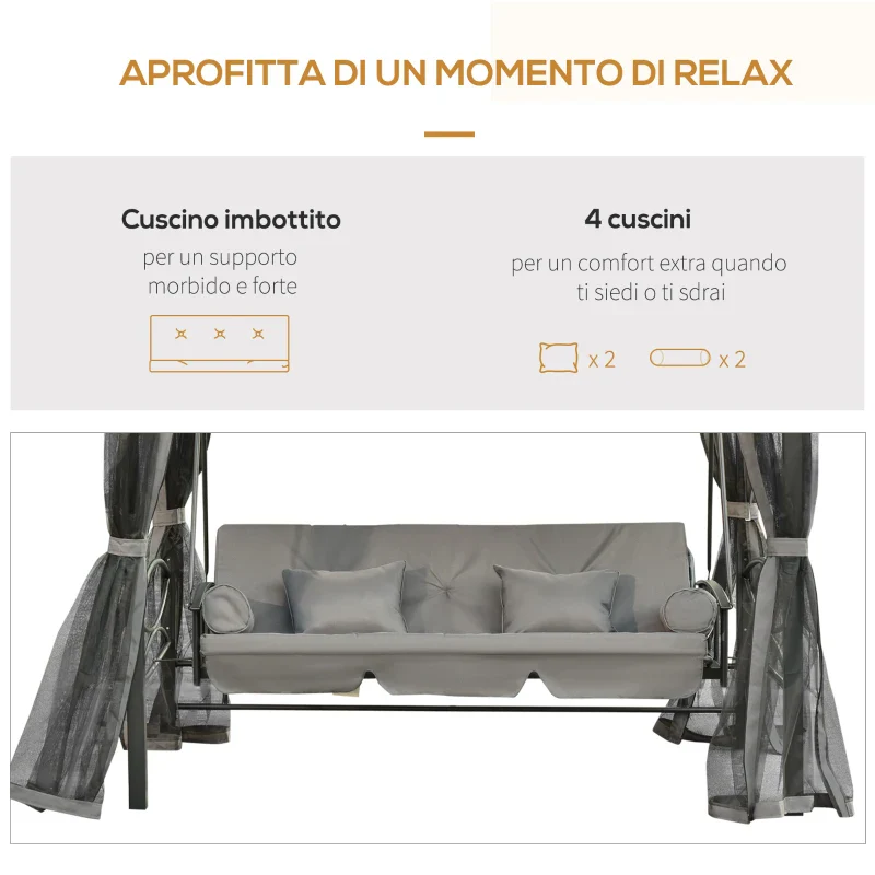 Outsunny Dondolo da Giardino 3 Posti Lettino e Gazebo Design 3 in 1 con Tettuccio, 256x172x248 cm, Grigio Scuro - Image 6
