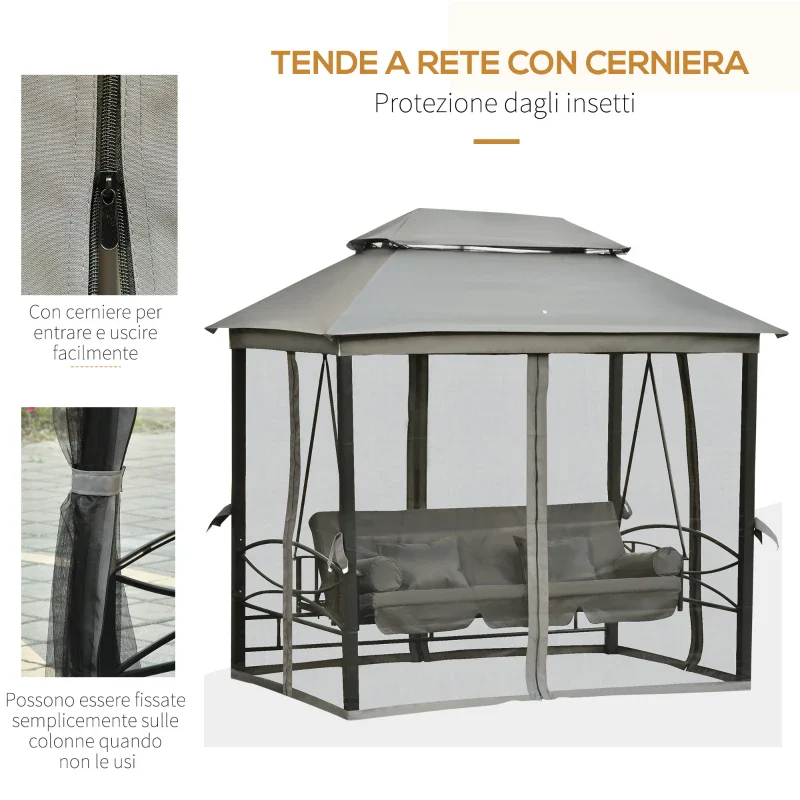 Outsunny Dondolo da Giardino 3 Posti Lettino e Gazebo Design 3 in 1 con Tettuccio, 256x172x248 cm, Grigio Scuro - Image 9